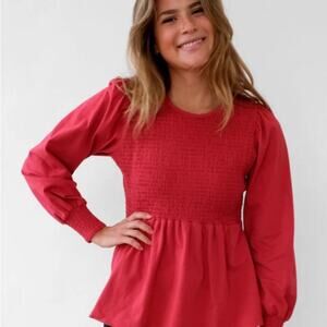 Elegantees Lyric Red Women's Long Sleeve Ruched Top